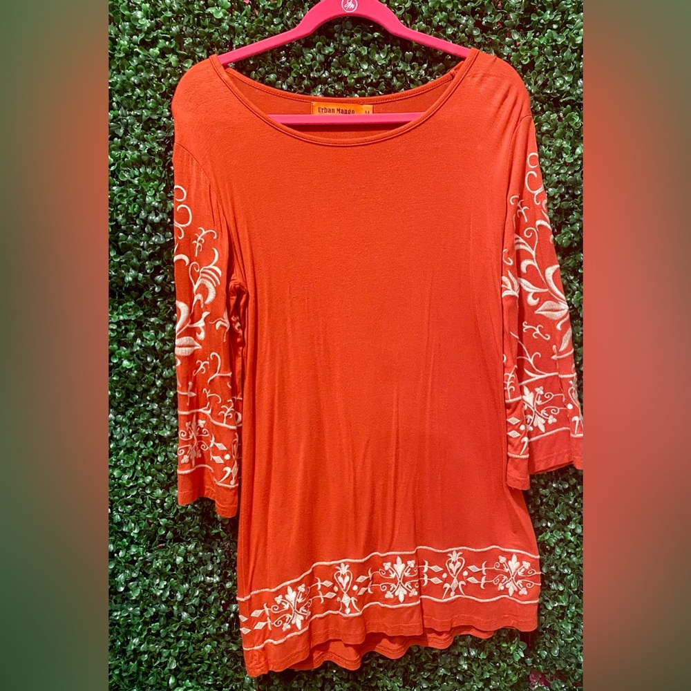 Urban Mango Orange Dress with Embroidered Sleeves and Hem SZ M